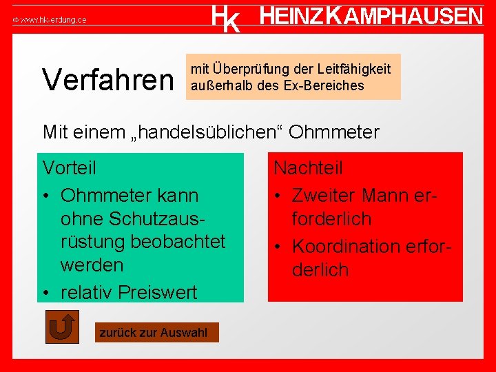 Verfahren mit Überprüfung der Leitfähigkeit außerhalb des Ex-Bereiches Mit einem „handelsüblichen“ Ohmmeter Vorteil •