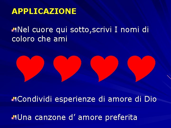 APPLICAZIONE Nel cuore qui sotto, scrivi I nomi di coloro che ami Condividi esperienze