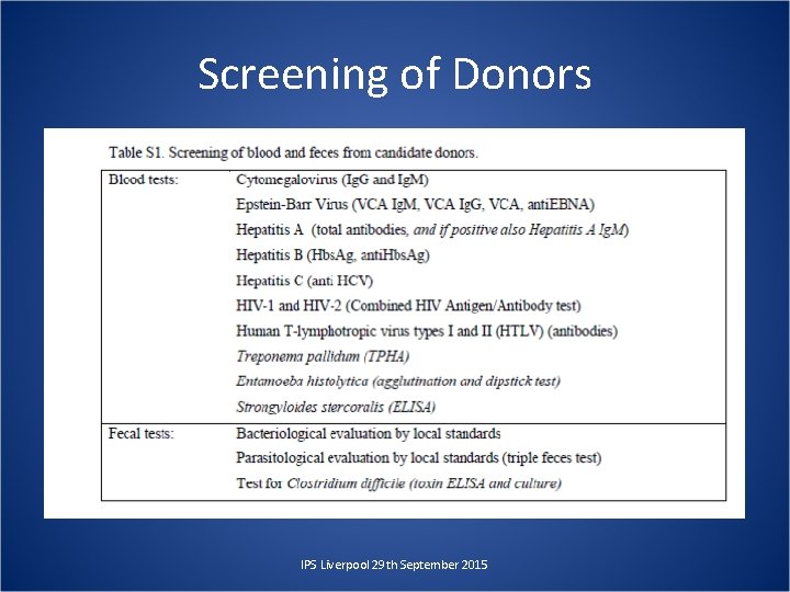 Screening of Donors IPS Liverpool 29 th September 2015 
