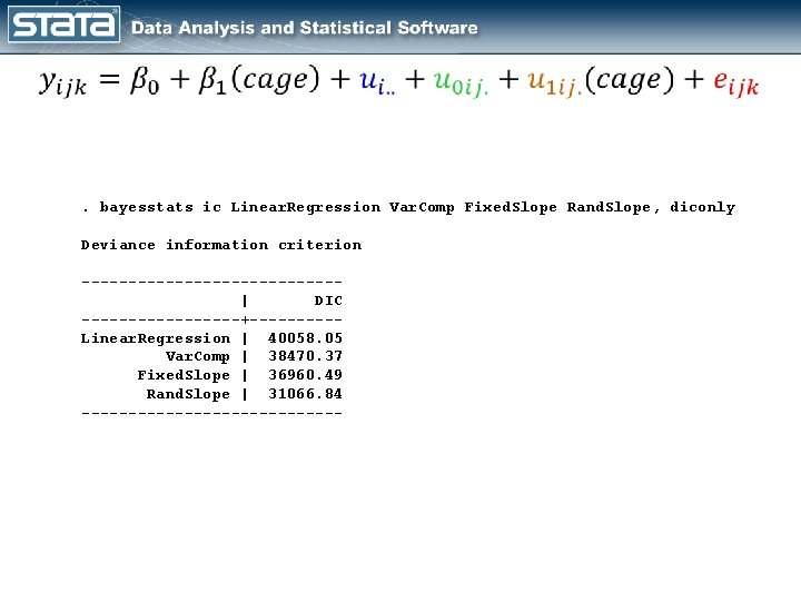  . bayesstats ic Linear. Regression Var. Comp Fixed. Slope Rand. Slope, diconly Deviance