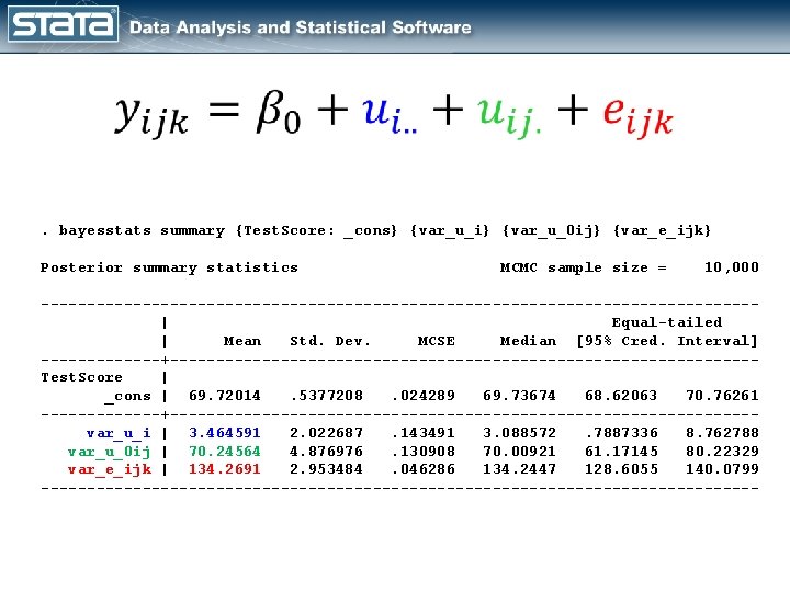  . bayesstats summary {Test. Score: _cons} {var_u_i} {var_u_0 ij} {var_e_ijk} Posterior summary statistics
