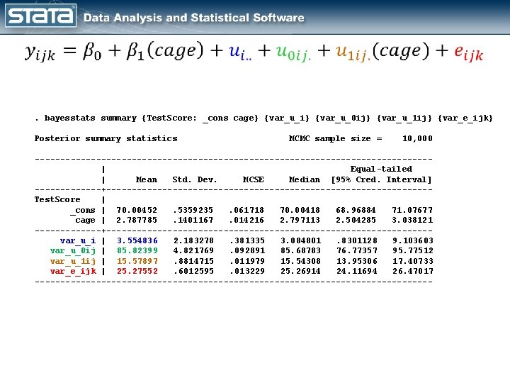  . bayesstats summary {Test. Score: _cons cage} {var_u_i} {var_u_0 ij} {var_u_1 ij} {var_e_ijk}