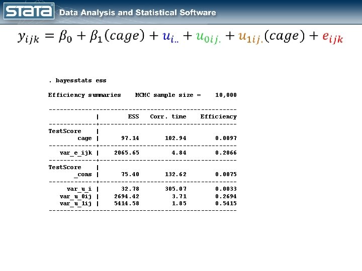  . bayesstats ess Efficiency summaries MCMC sample size = 10, 000 --------------------------| ESS