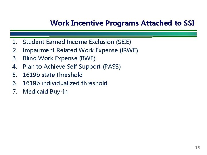 Work Incentive Programs Attached to SSI 1. 2. 3. 4. 5. 6. 7. Student