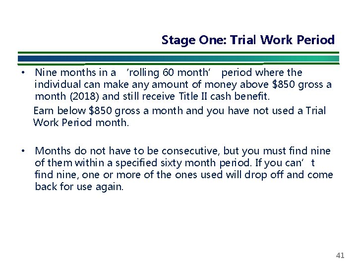 Stage One: Trial Work Period • Nine months in a ‘rolling 60 month’ period