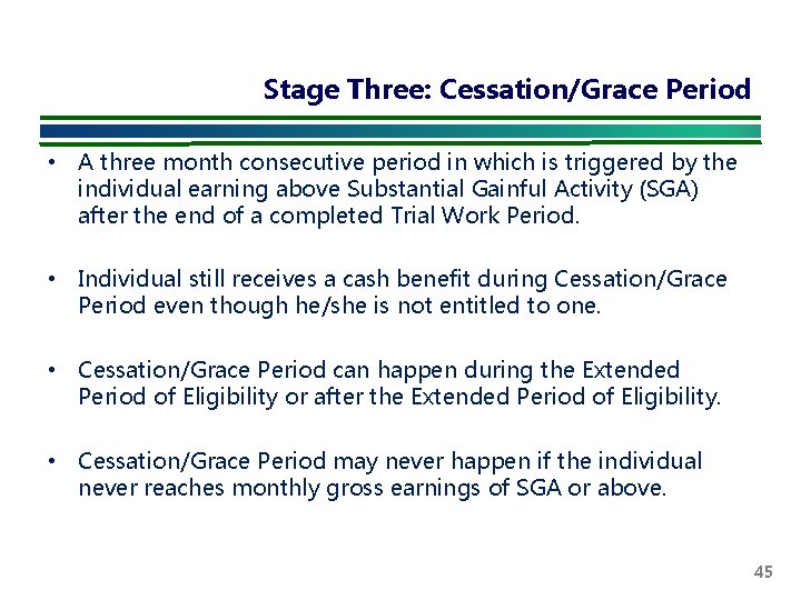 Stage Three: Cessation/Grace Period • A three month consecutive period in which is triggered