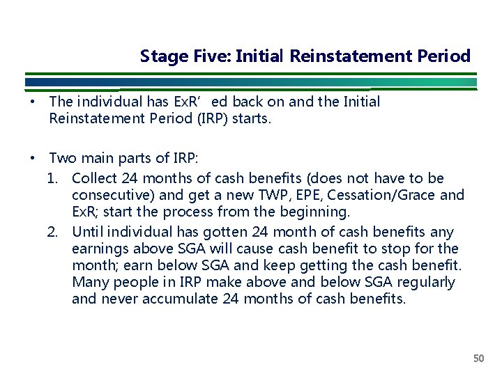 Stage Five: Initial Reinstatement Period • The individual has Ex. R’ed back on and