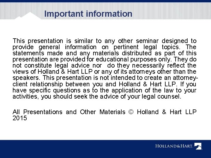 Important information This presentation is similar to any other seminar designed to provide general