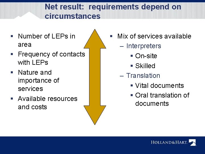 Net result: requirements depend on circumstances § Number of LEPs in area § Frequency