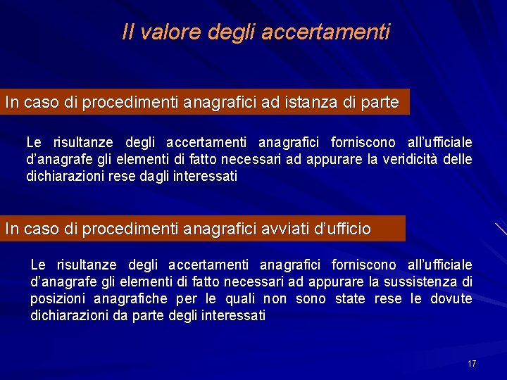 Il valore degli accertamenti In caso di procedimenti anagrafici ad istanza di parte Le