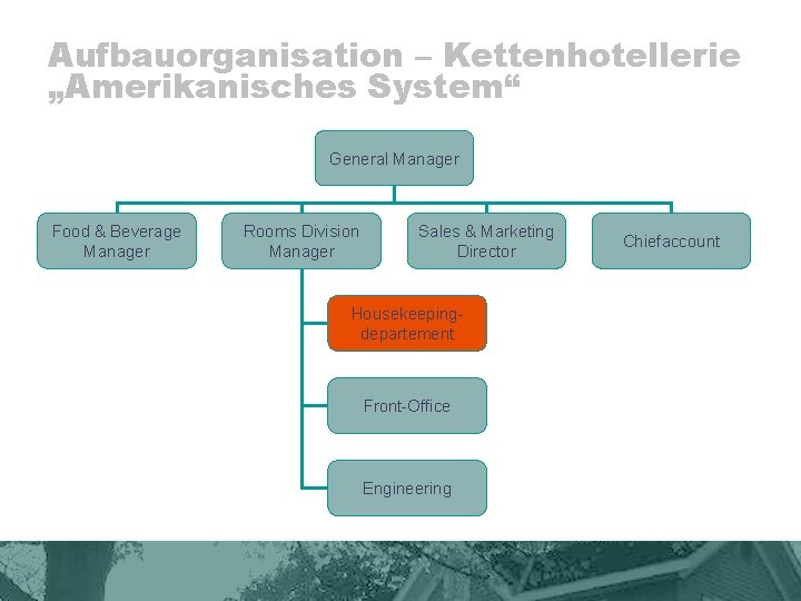 Aufbauorganisation – Kettenhotellerie „Amerikanisches System“ General Manager Food & Beverage Manager Rooms Division Manager