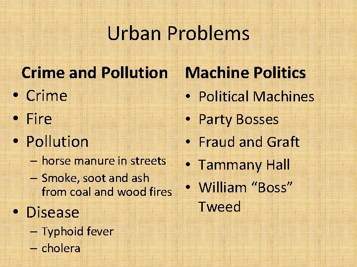 Urban Problems Crime and Pollution • Crime • Fire • Pollution – horse manure