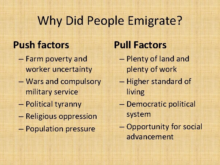 Why Did People Emigrate? Push factors – Farm poverty and worker uncertainty – Wars
