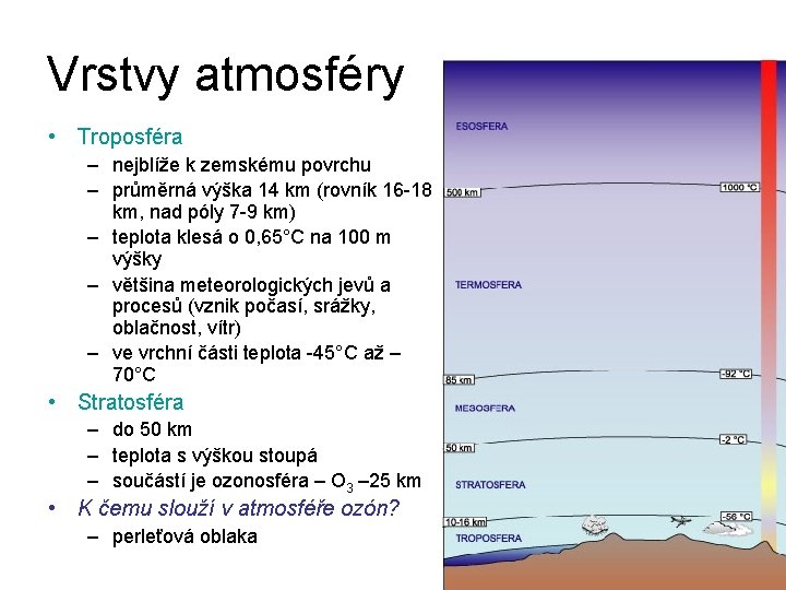 Vrstvy atmosféry • Troposféra – nejblíže k zemskému povrchu – průměrná výška 14 km