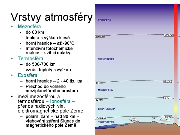 Vrstvy atmosféry • Mezosféra - do 80 km teplota s výškou klesá horní hranice