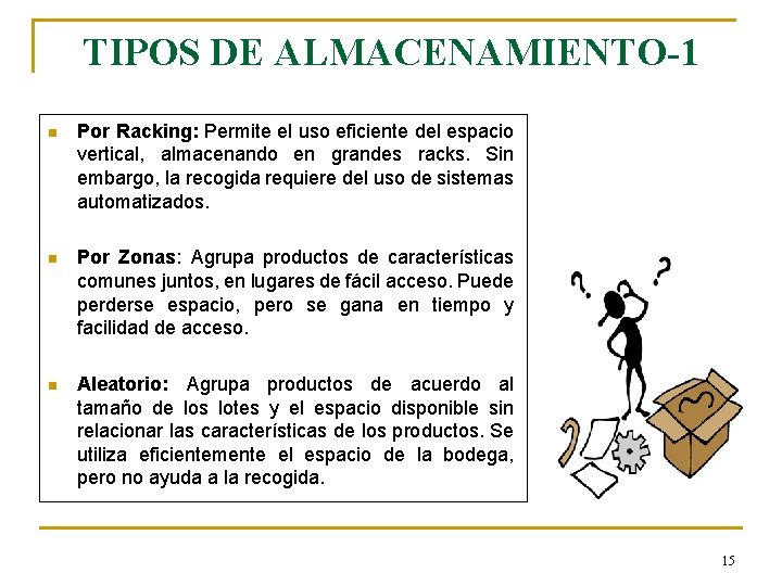 TIPOS DE ALMACENAMIENTO-1 n Por Racking: Permite el uso eficiente del espacio vertical, almacenando