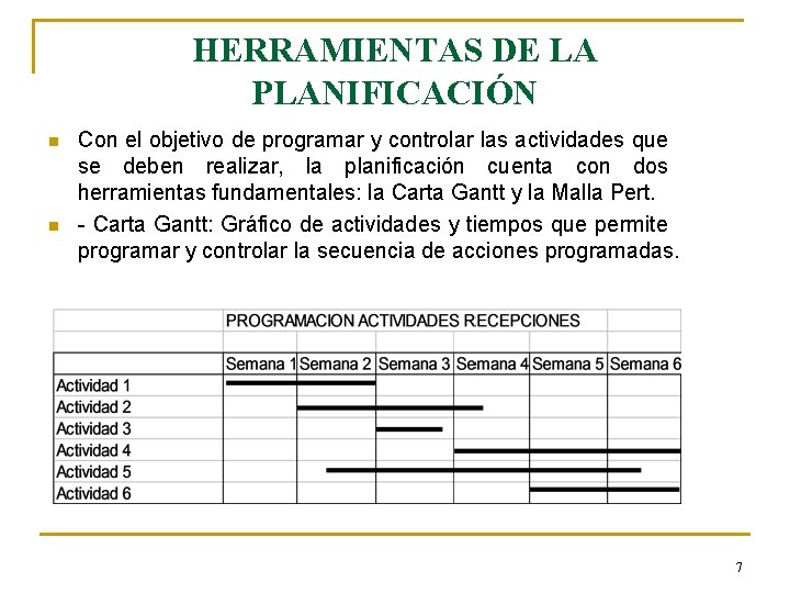HERRAMIENTAS DE LA PLANIFICACIÓN n n Con el objetivo de programar y controlar las
