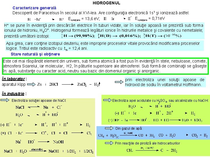 HIDROGENUL Caracterizare generală Descoperit de Paracelsus în secolul al XVI-lea. Are configuraţia electronică 1