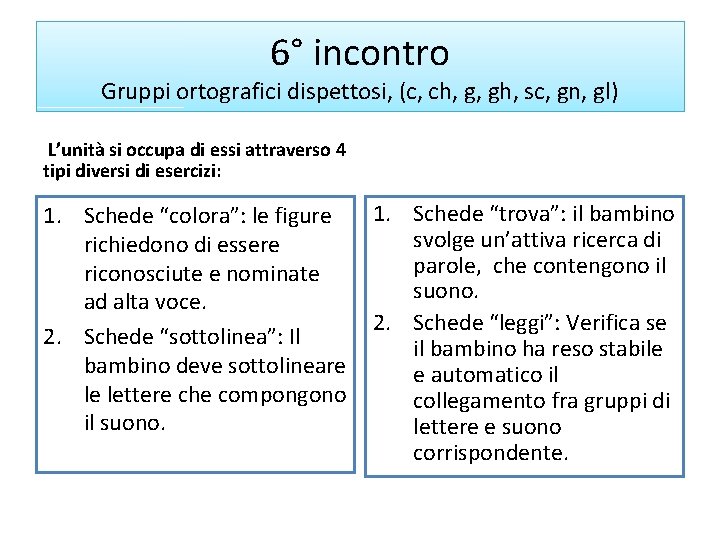 6° incontro Gruppi ortografici dispettosi, (c, ch, g, gh, sc, gn, gl) L’unità si