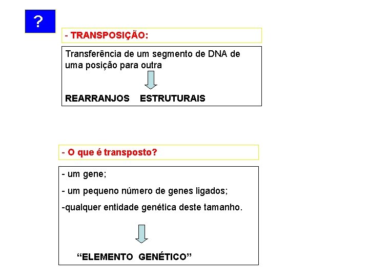  ? - TRANSPOSIÇÃO: Transferência de um segmento de DNA de uma posição para
