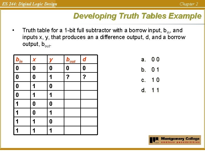ES 244: Digital Logic Design Chapter 2 Developing Truth Tables Example • Truth table ES 244: Digital Logic Design Chapter 2 Developing Truth Tables Example • Truth table