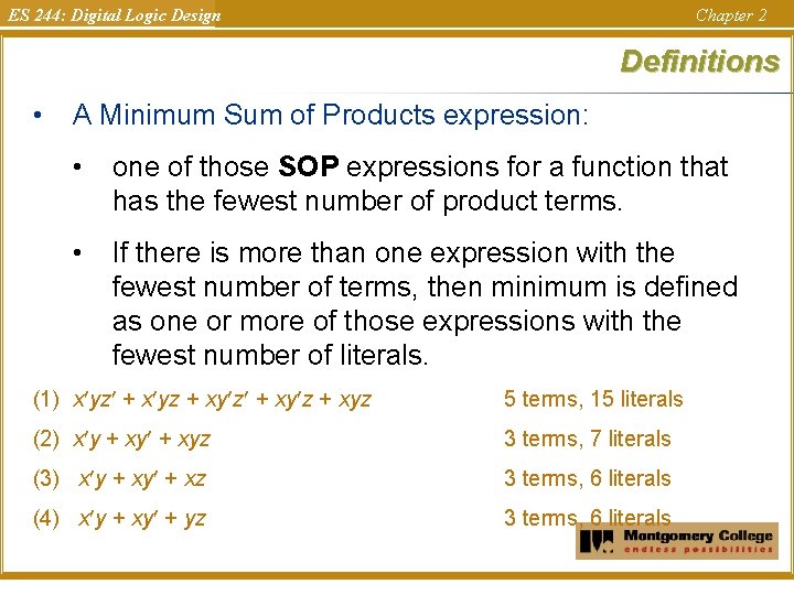 ES 244: Digital Logic Design Chapter 2 Definitions • A Minimum Sum of Products ES 244: Digital Logic Design Chapter 2 Definitions • A Minimum Sum of Products
