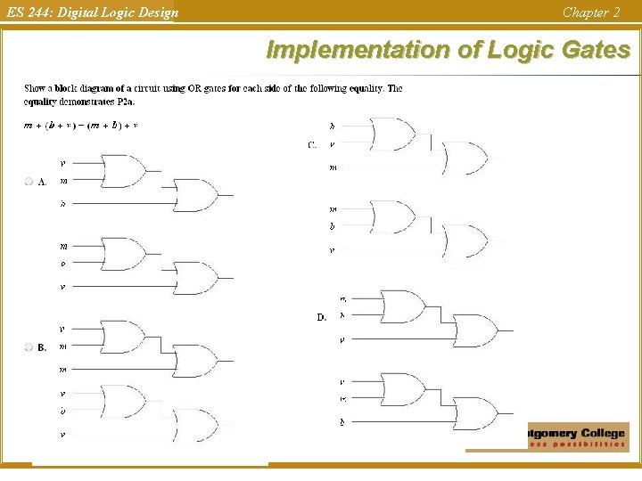 ES 244: Digital Logic Design Chapter 2 Implementation of Logic Gates ES 244: Digital Logic Design Chapter 2 Implementation of Logic Gates