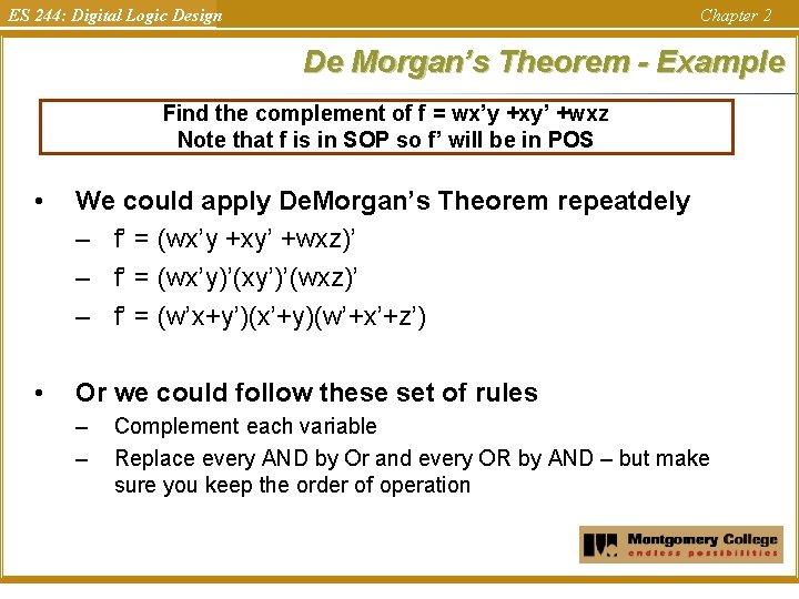 ES 244: Digital Logic Design Chapter 2 De Morgan’s Theorem - Example Find the ES 244: Digital Logic Design Chapter 2 De Morgan’s Theorem - Example Find the