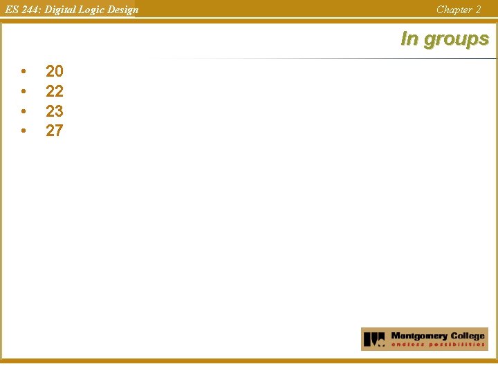 ES 244: Digital Logic Design Chapter 2 In groups • • 20 22 23 ES 244: Digital Logic Design Chapter 2 In groups • • 20 22 23