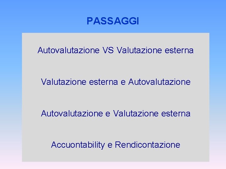 PASSAGGI Autovalutazione VS Valutazione esterna e Autovalutazione e Valutazione esterna Accuontability e Rendicontazione 