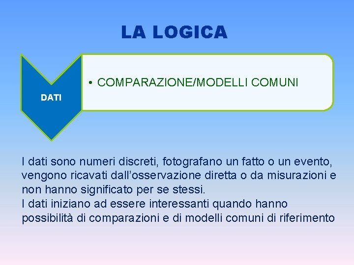 LA LOGICA • COMPARAZIONE/MODELLI COMUNI DATI I dati sono numeri discreti, fotografano un fatto