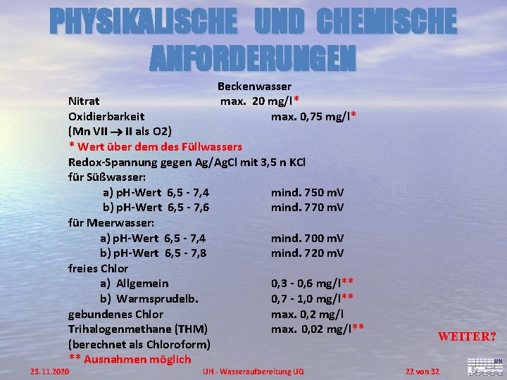 PHYSIKALISCHE UND CHEMISCHE ANFORDERUNGEN Beckenwasser max. 20 mg/l* max. 0, 75 mg/l* Nitrat Oxidierbarkeit