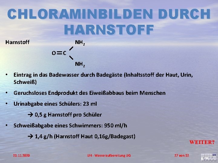 CHLORAMINBILDEN DURCH HARNSTOFF Harnstoff NH 2 O C NH 2 • Eintrag in das