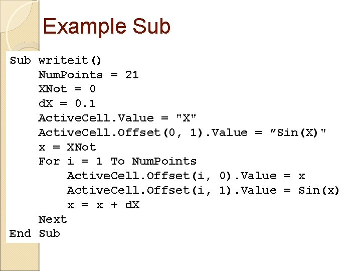 Example Sub writeit() Num. Points = 21 XNot = 0 d. X = 0.