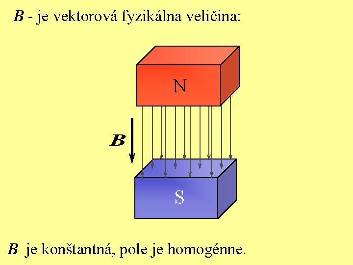 B - je vektorová fyzikálna veličina: N S B je konštantná, pole je homogénne.