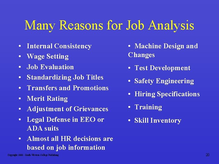 Many Reasons for Job Analysis • • Internal Consistency Wage Setting Job Evaluation Standardizing