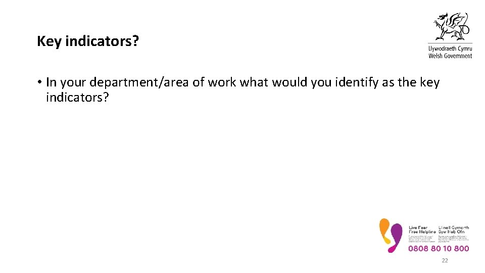 Key indicators? • In your department/area of work what would you identify as the Key indicators? • In your department/area of work what would you identify as the