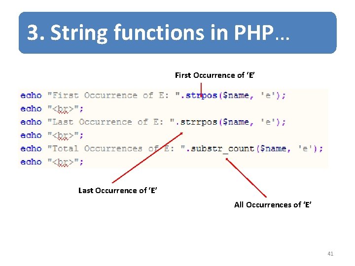 3. String functions in PHP… First Occurrence of ‘E’ Last Occurrence of ‘E’ All