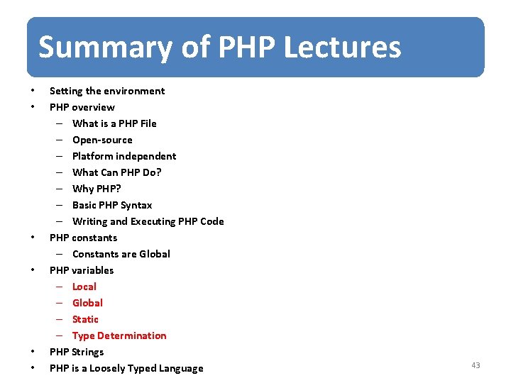 Summary of PHP Lectures • • • Setting the environment PHP overview – What
