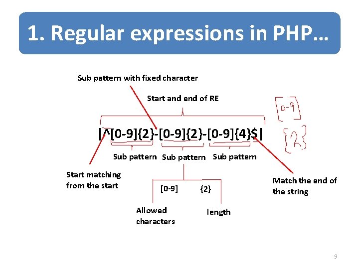 1. Regular expressions in PHP… Sub pattern with fixed character Start and end of