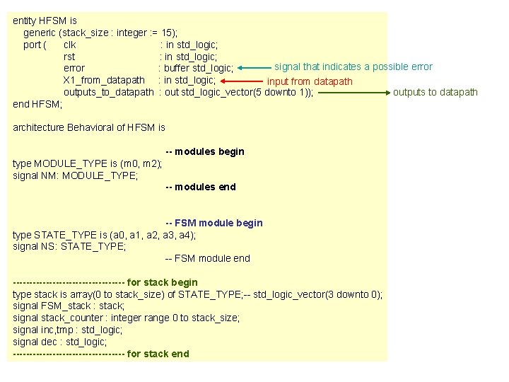 entity HFSM is generic (stack_size : integer : = 15); port ( clk :