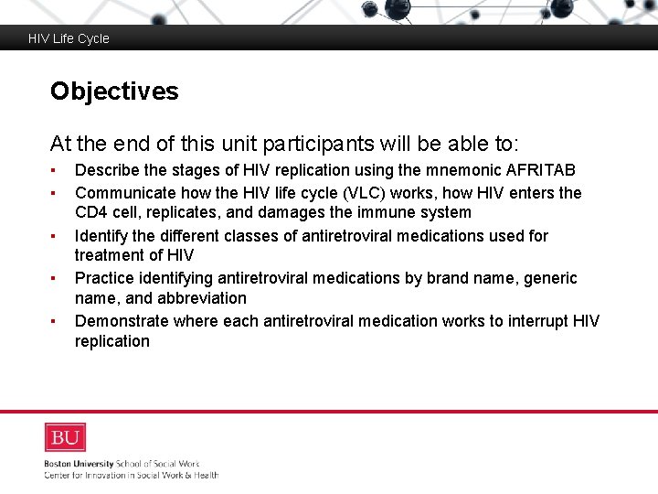 HIV Life Cycle Objectives Boston University Slideshow Title Goes Here At the end of