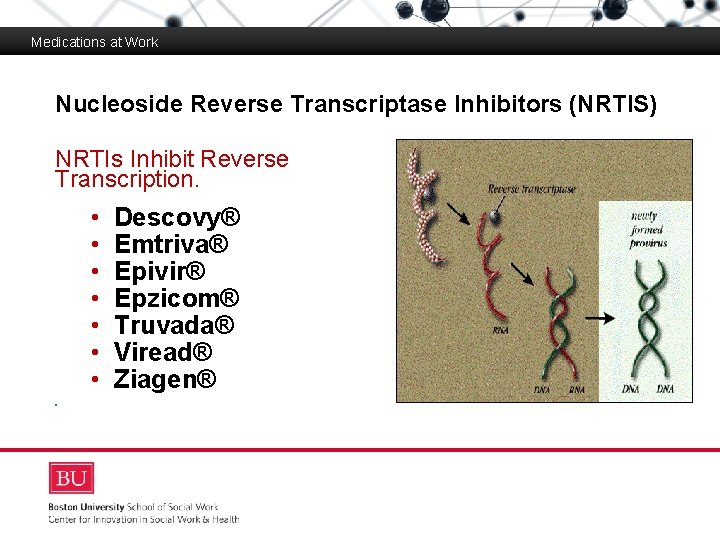 Medications at Work Nucleoside Reverse Transcriptase Inhibitors (NRTIS) Boston University Slideshow Title Goes Here