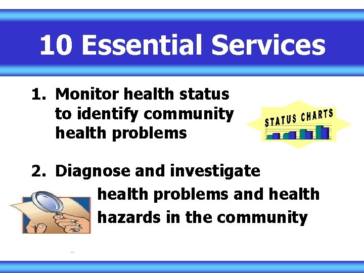 10 Essential Services 1. Monitor health status to identify community health problems 2. Diagnose