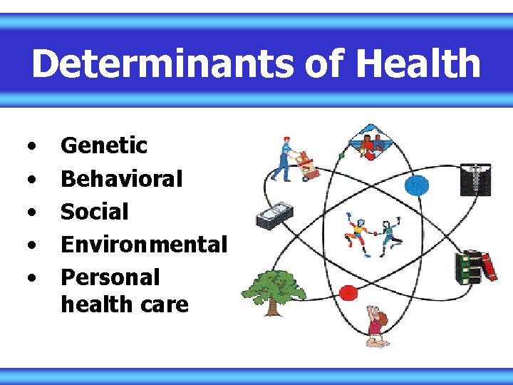 Determinants of Health • • • Genetic Behavioral Social Environmental Personal health care 