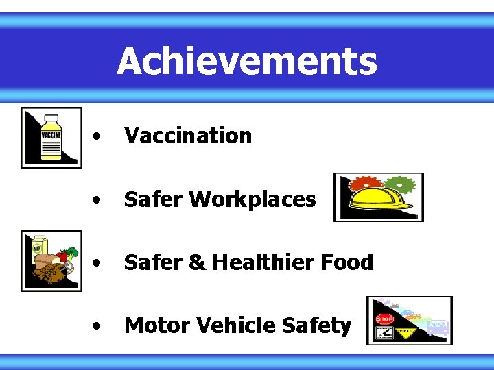 Achievements • Vaccination • Safer Workplaces • Safer & Healthier Food • Motor Vehicle