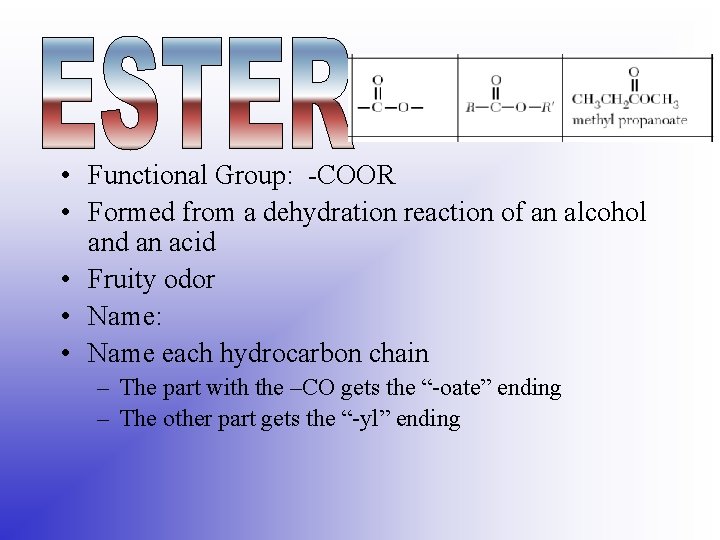  • Functional Group: -COOR • Formed from a dehydration reaction of an alcohol