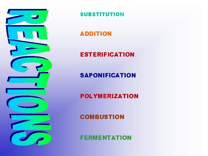 SUBSTITUTION ADDITION ESTERIFICATION SAPONIFICATION POLYMERIZATION COMBUSTION FERMENTATION 