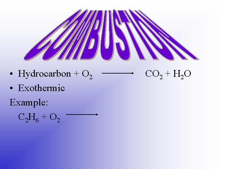  • Hydrocarbon + O 2 • Exothermic Example: C 2 H 6 +