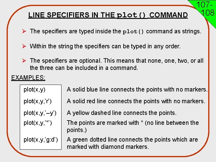 107108 LINE SPECIFIERS IN THE plot() COMMAND Ø The specifiers are typed inside the